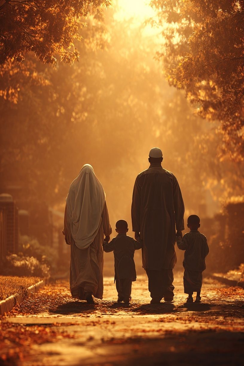 Family Walk in Autumn Light Poster. poster detail