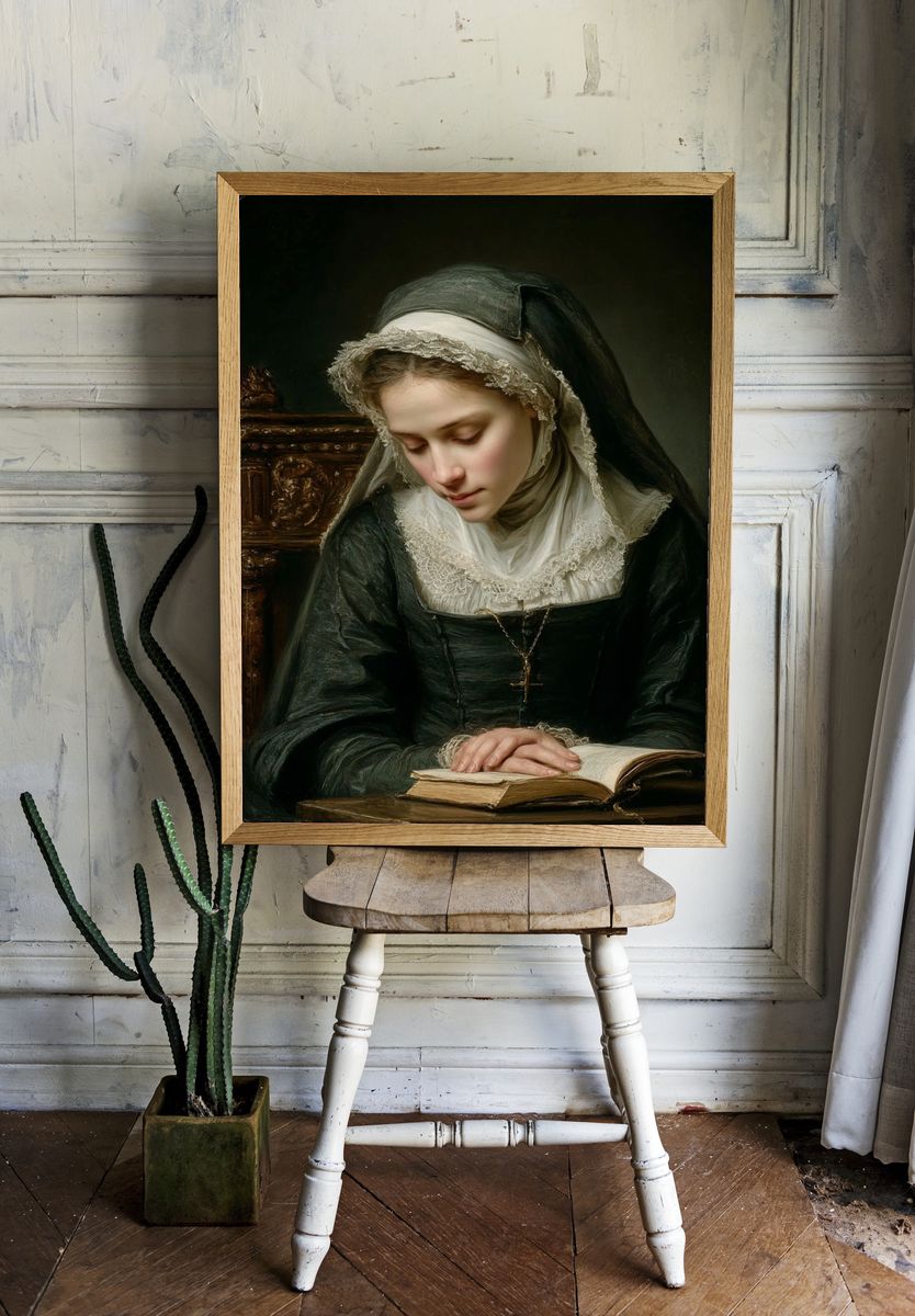 Praying Nun Portrait Print. room preview