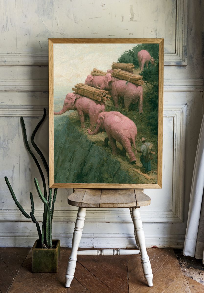 Pink Elephants Cliffside Painting Poster. room preview