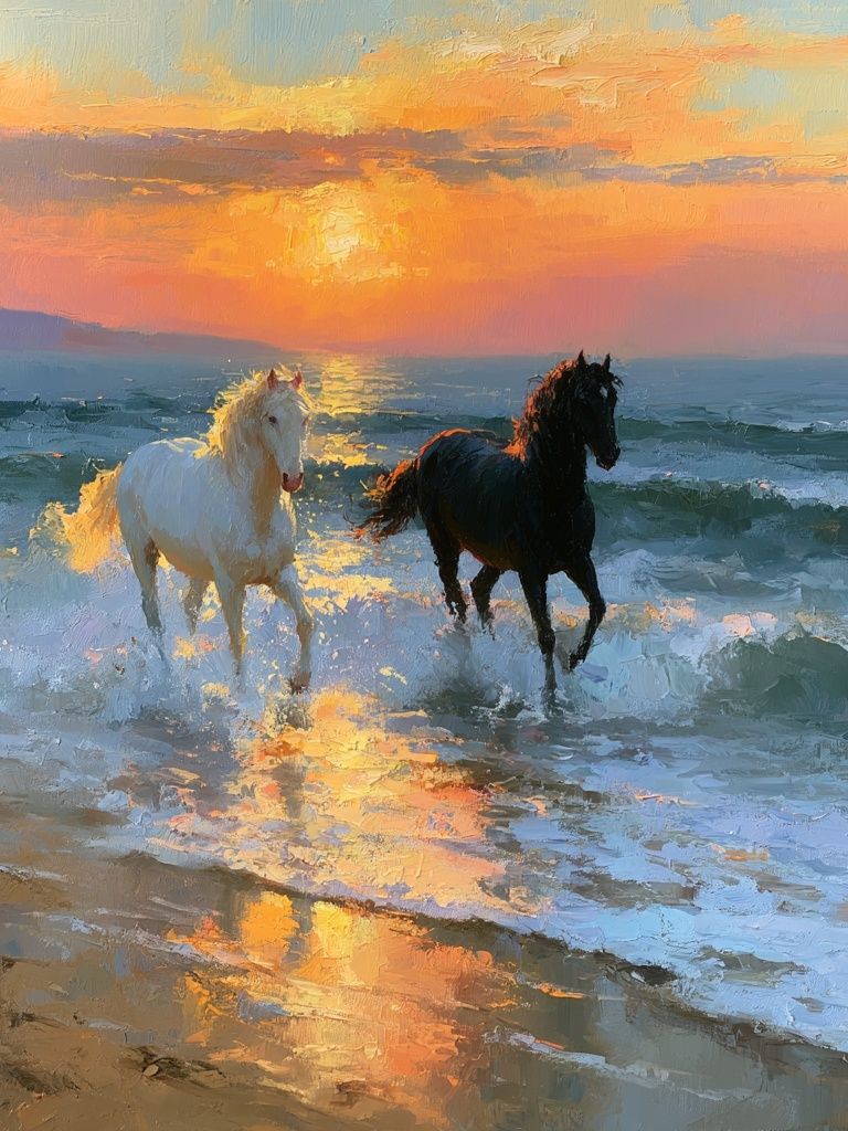 Sunset Horses on the Shore Print. poster — fine-art art