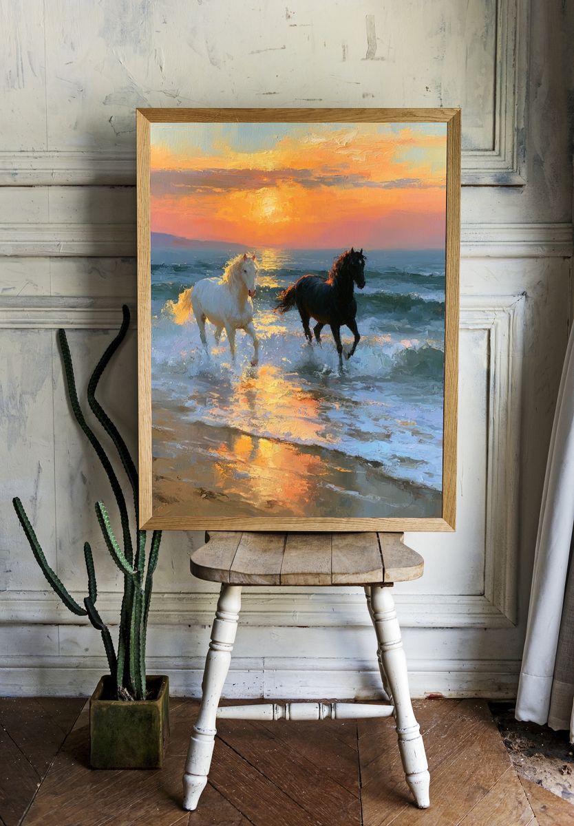 Sunset Horses on the Shore Print. — room view 1