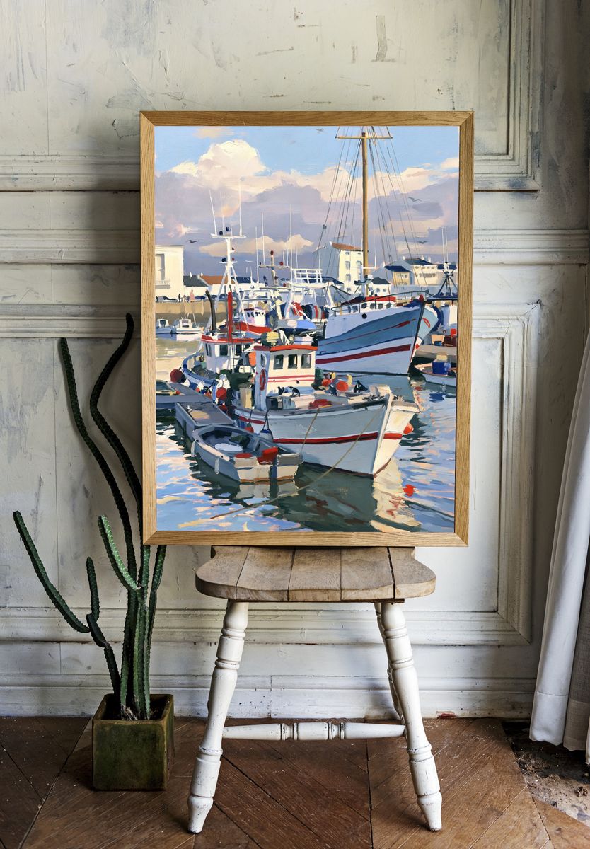 Harbor Boats Oil Painting Poster. room preview