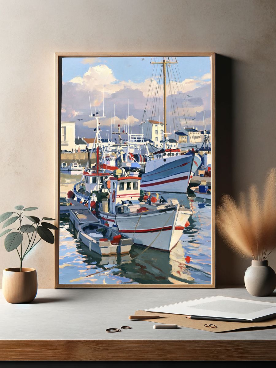 Harbor Boats Oil Painting Poster. — room view 2