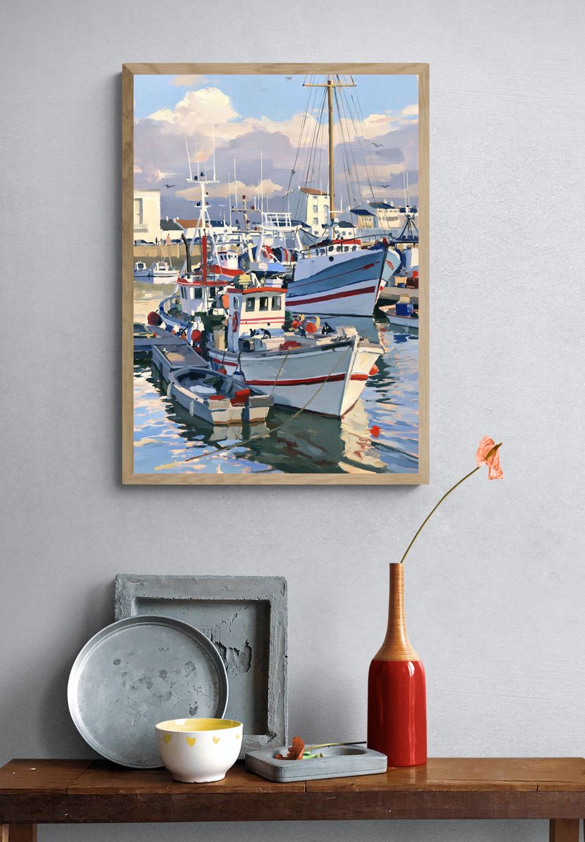 Harbor Boats Oil Painting Poster. — room view 3