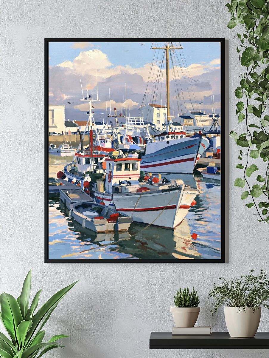 Harbor Boats Oil Painting Poster. — room view 4