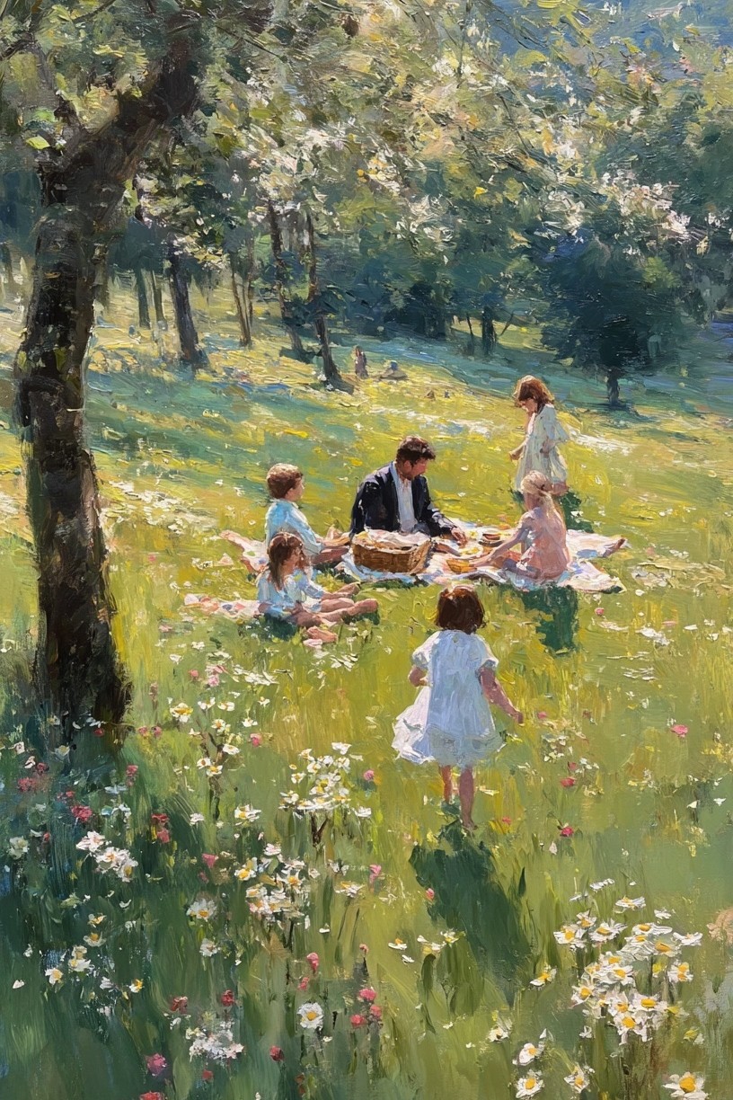 Family Picnic in Bloom — Fine Art Print. poster — fine-art art