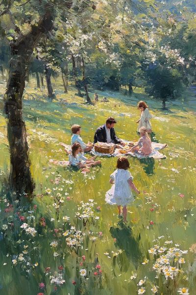 Family Picnic in Bloom — Fine Art Print. poster