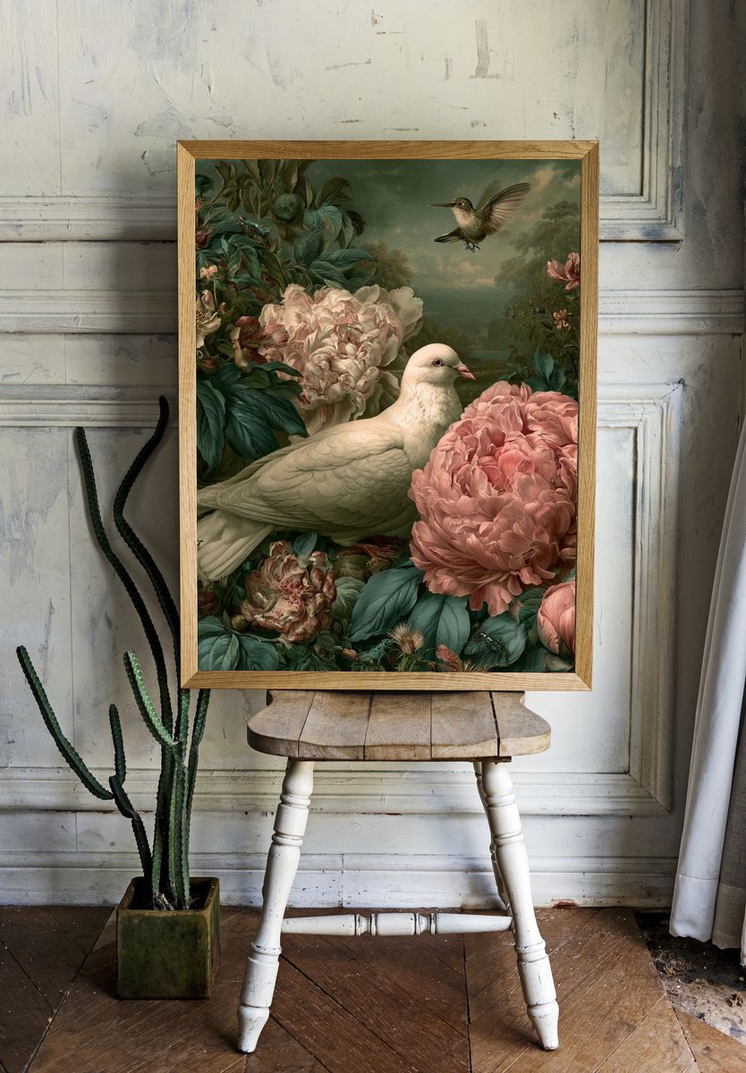 Dove and Peonies Fine-Art Poster. room preview