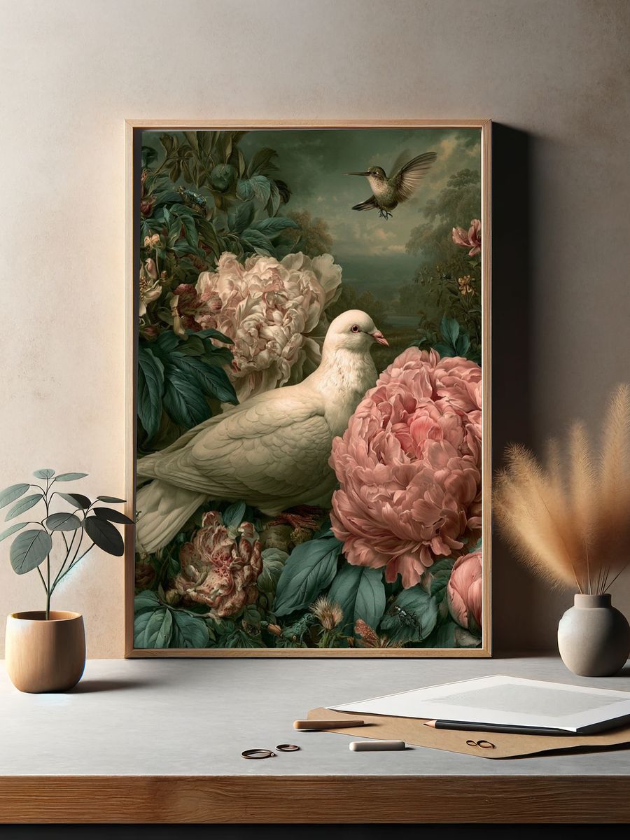 Dove and Peonies Fine-Art Poster. — room view 2