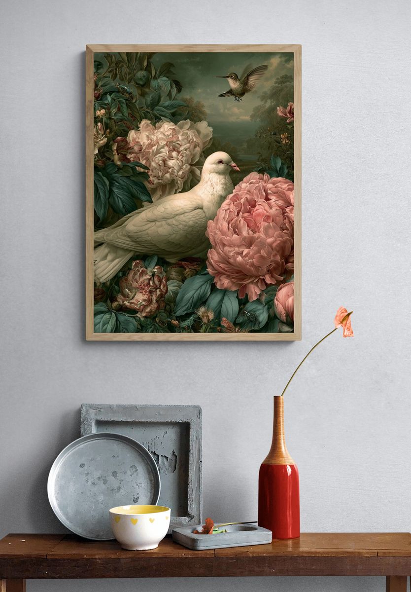 Dove and Peonies Fine-Art Poster. — room view 3
