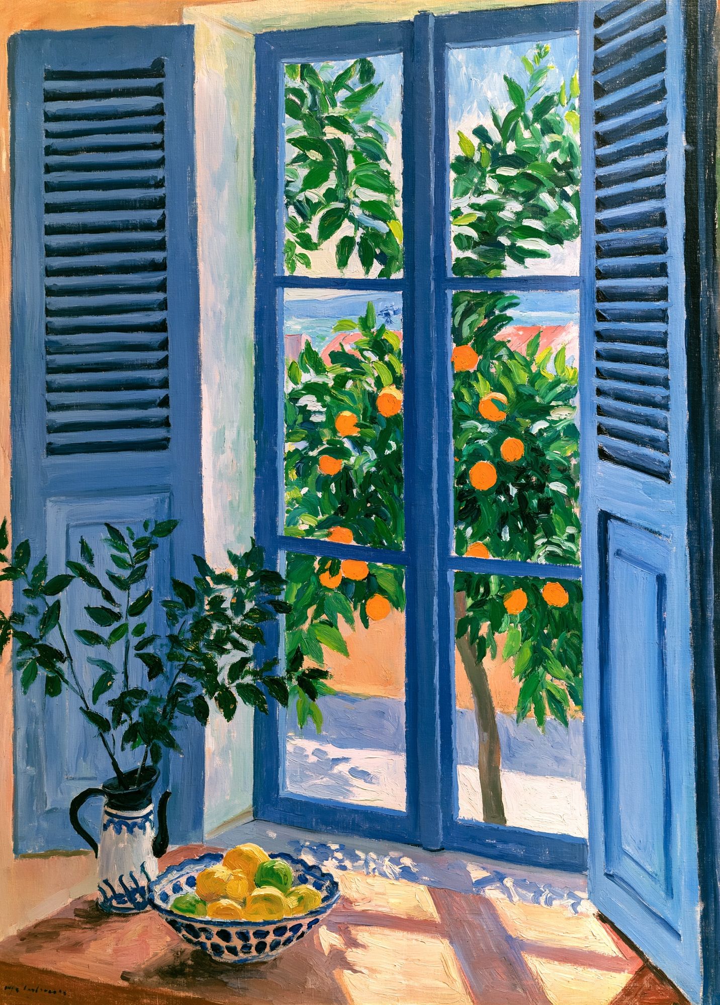Mediterranean Window with Oranges Print. poster — fine-art art
