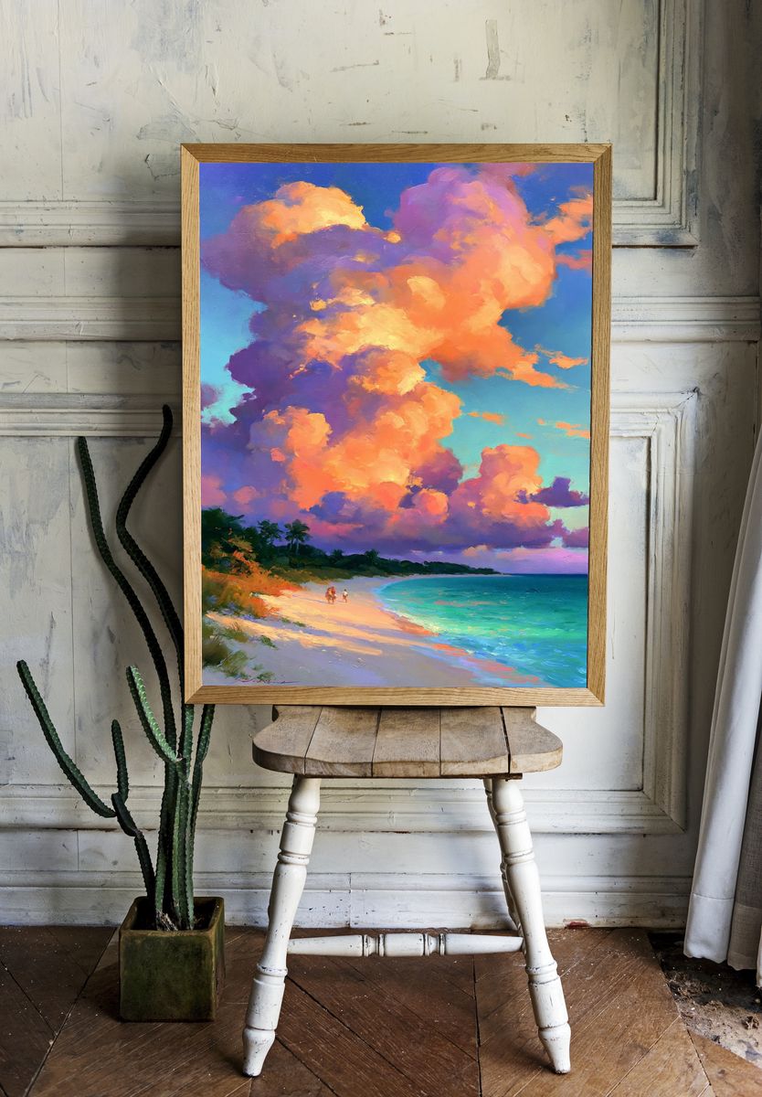 Sunset Beach Clouds Painting Poster. — room view 1