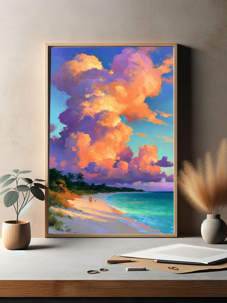 Sunset Beach Clouds Painting Poster. — room view 2