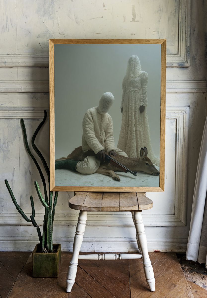 Surreal Figures with Deer — Fine Art Print. room preview