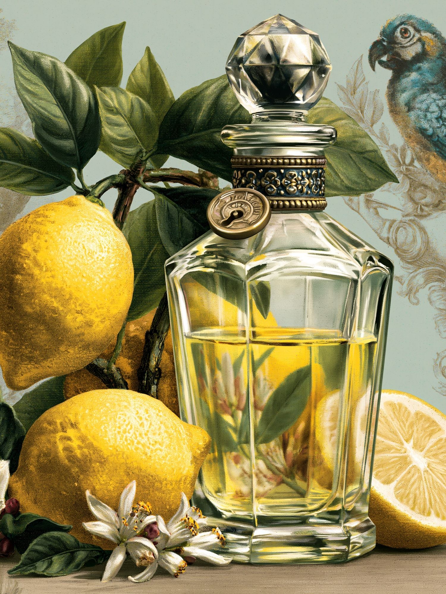 Lemon Perfume Still Life Poster. poster detail