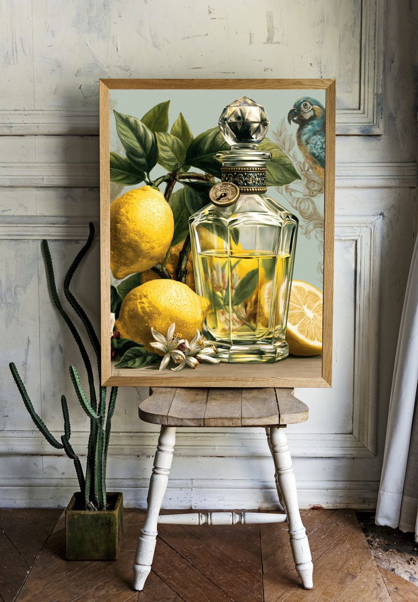 Lemon Perfume Still Life Poster. — room view 1