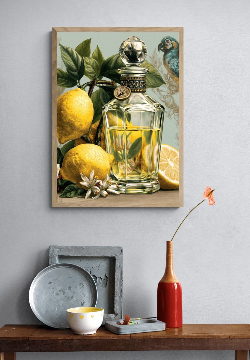 Lemon Perfume Still Life Poster. — room view 3