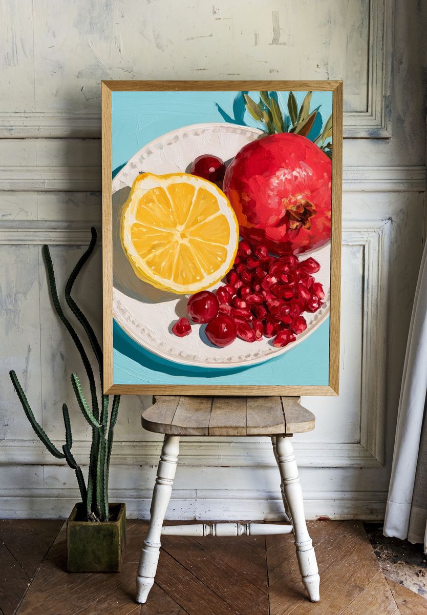 Pomegranate and Lemon Still Life Print. room preview