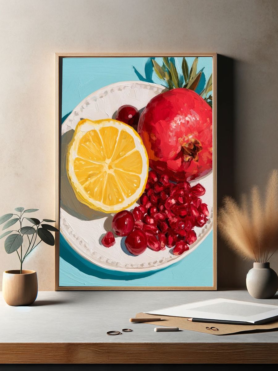 Pomegranate and Lemon Still Life Print. — room view 2