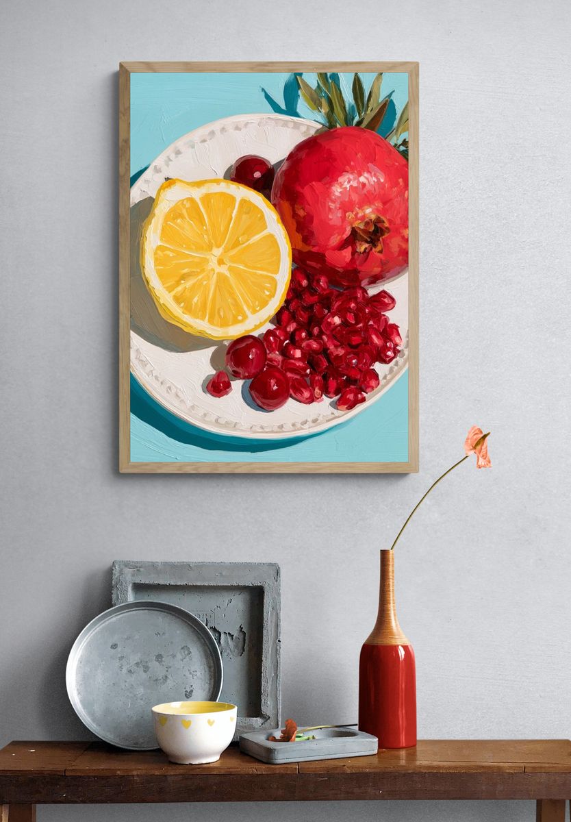 Pomegranate and Lemon Still Life Print. — room view 3