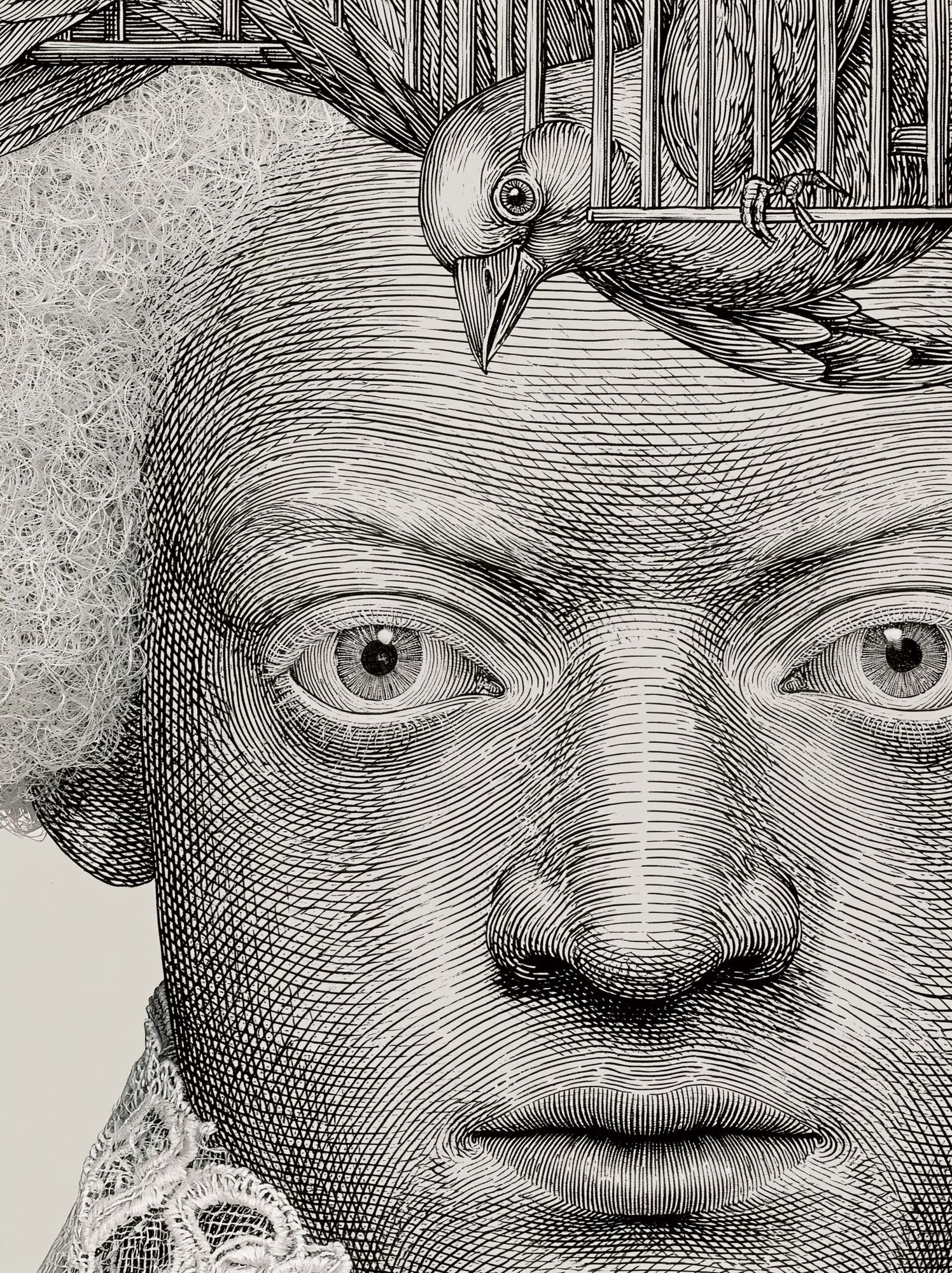Engraved Portrait with Bird Print. poster — fine-art art