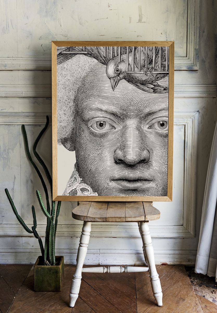 Engraved Portrait with Bird Print. — room view 1