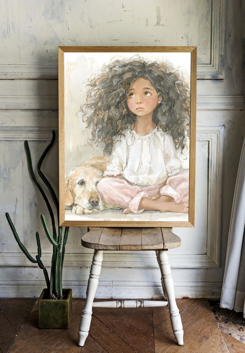 Girl and Dog Portrait Print. — room view 1