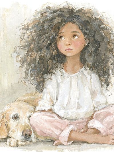 Girl and Dog Portrait Print. poster