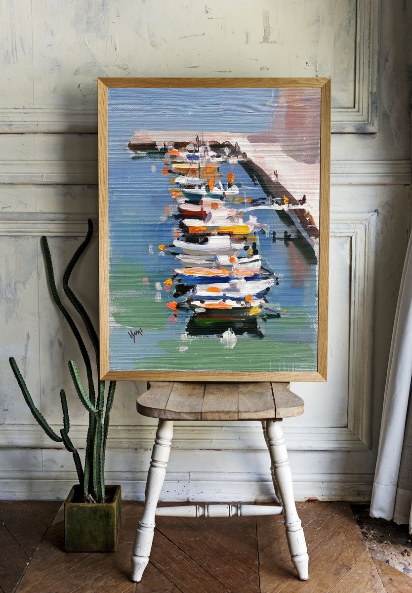 Colorful Boats at Dock — Fine Art Print. room preview