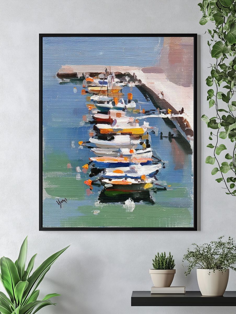 Colorful Boats at Dock — Fine Art Print. — room view 4