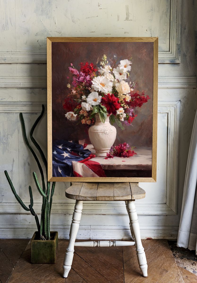 Floral Arrangement with American Flag — Fine Art Print. room preview