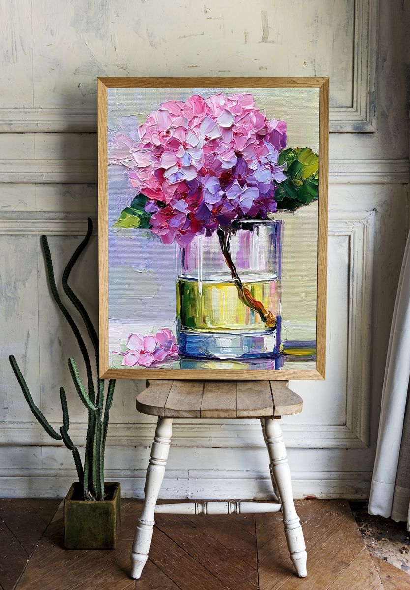 Pink Hydrangea Still Life Print. — room view 1