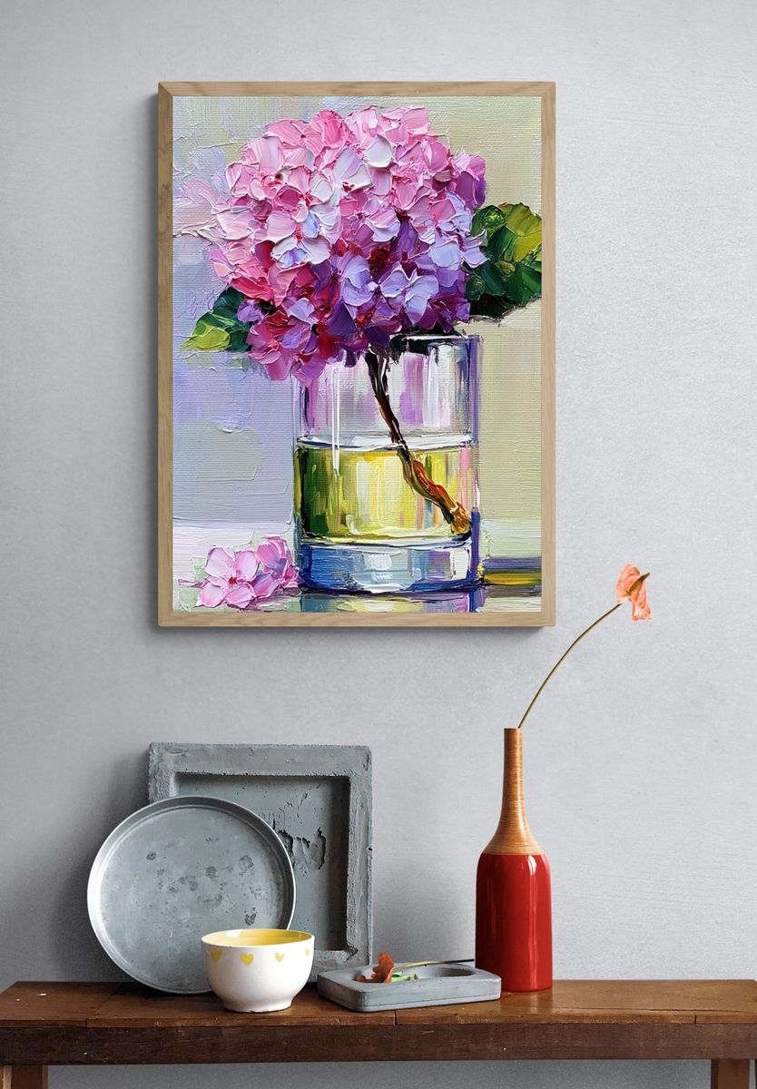 Pink Hydrangea Still Life Print. — room view 3