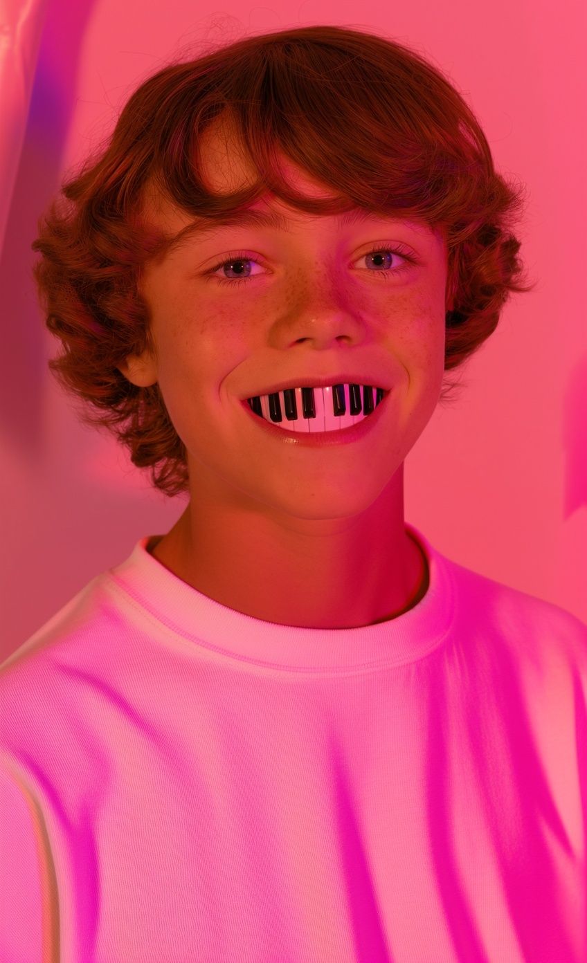 Neon Piano Smile Portrait Print. poster — fine-art art