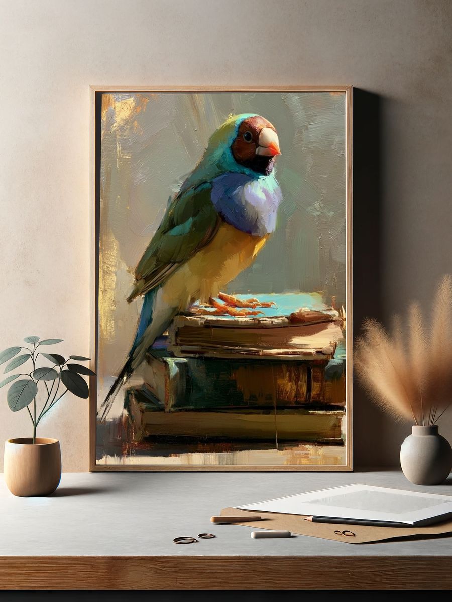 Colorful Bird on Books Illustration Poster. — room view 2