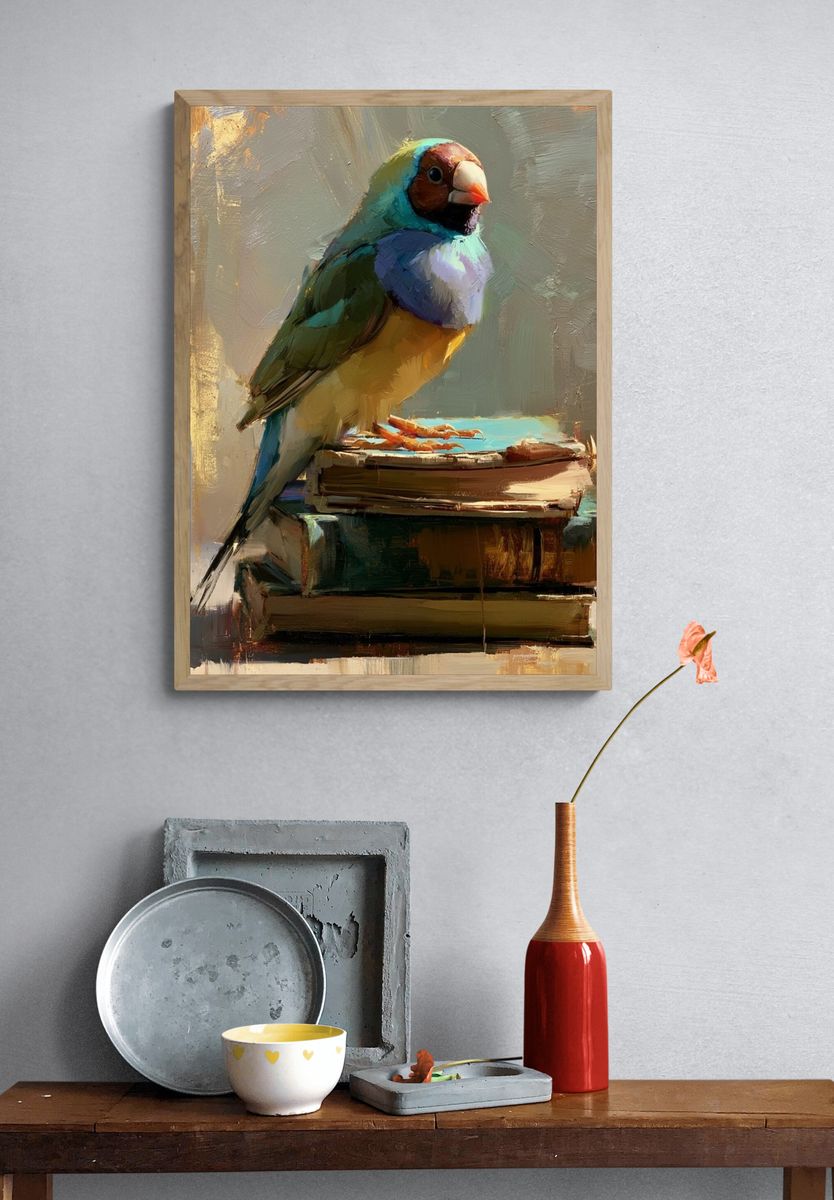 Colorful Bird on Books Illustration Poster. — room view 3
