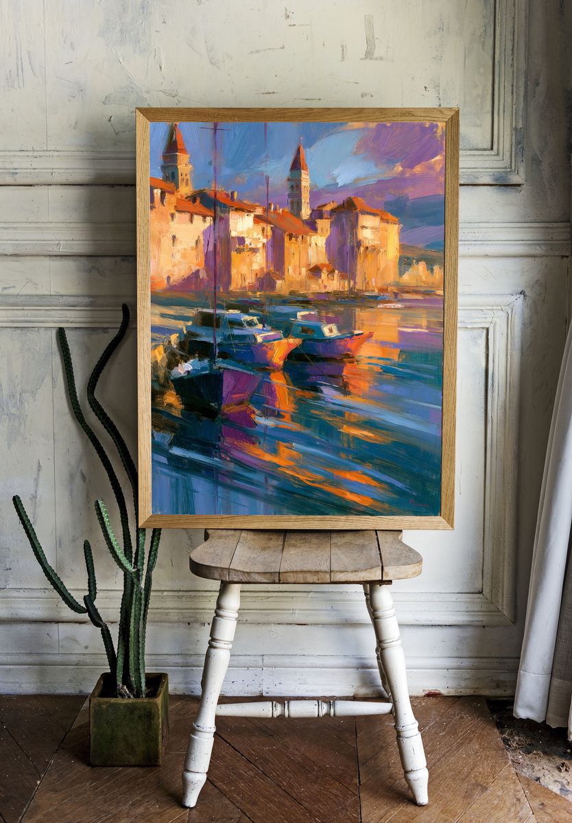 Sunlit Harbor Town Fine-Art Print. — room view 1