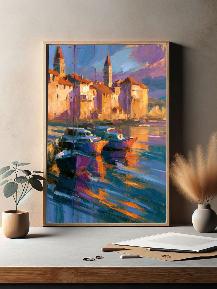 Sunlit Harbor Town Fine-Art Print. — room view 2