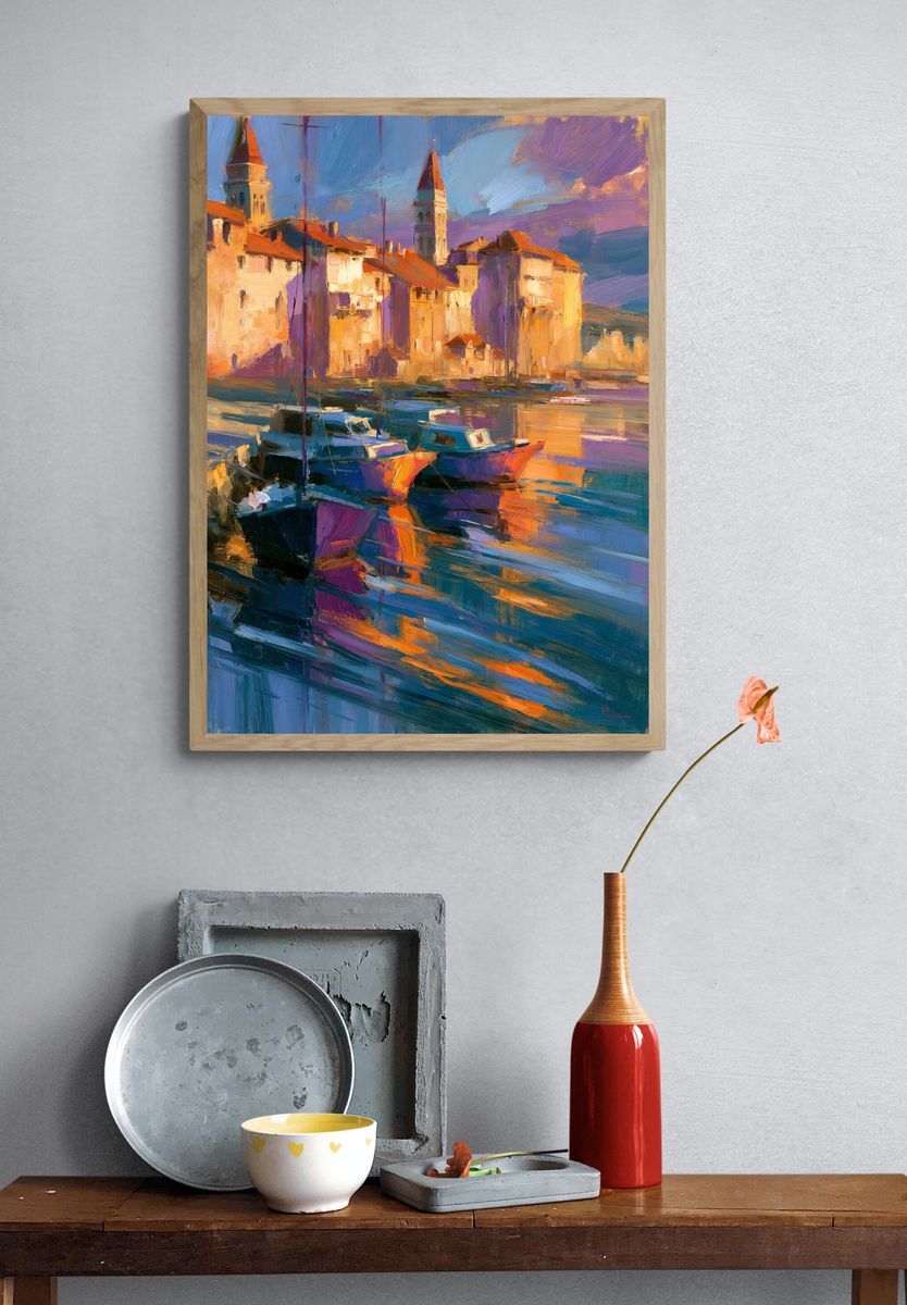 Sunlit Harbor Town Fine-Art Print. — room view 3