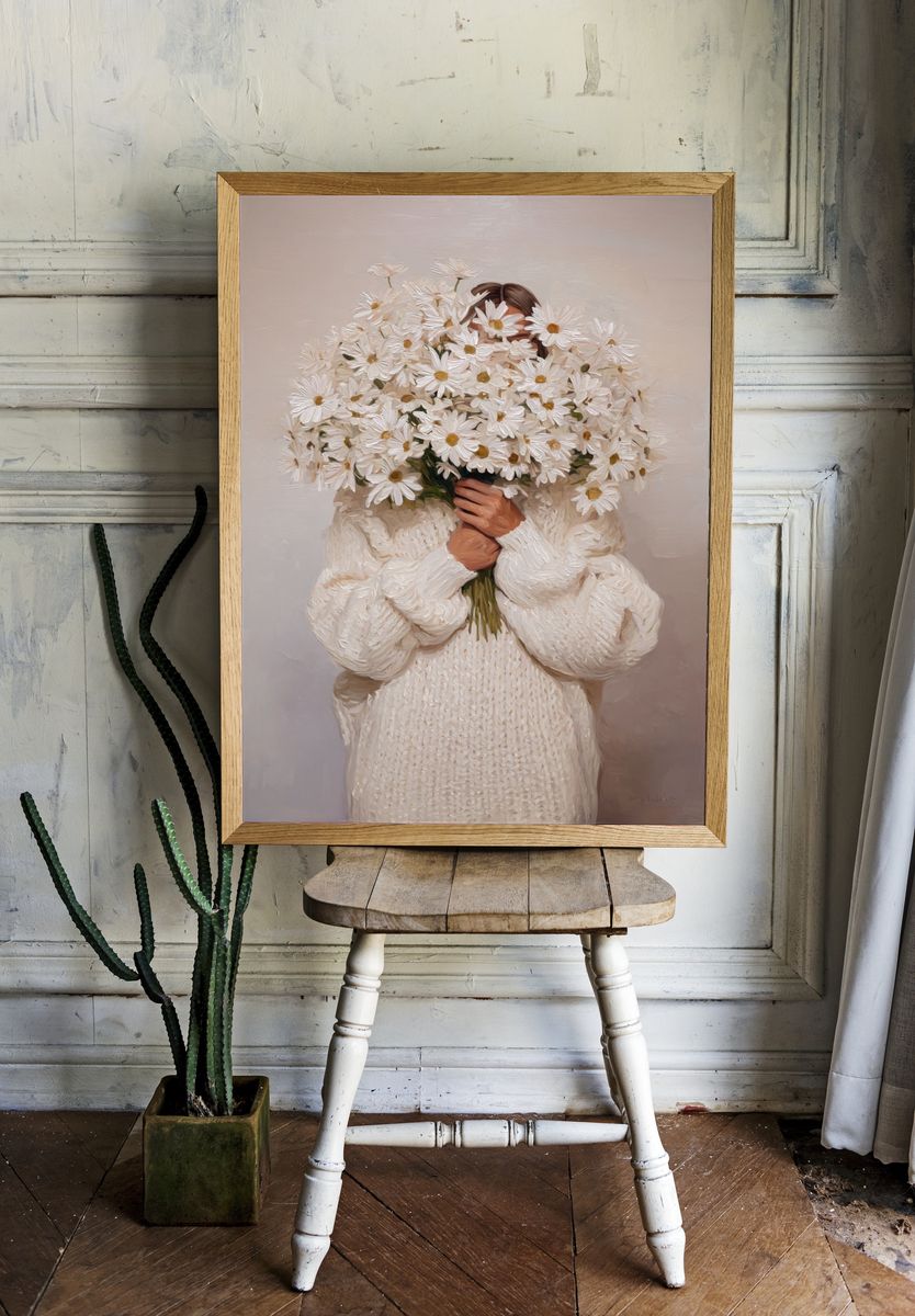 Woman Holding Daisies — Fine Art Print room preview