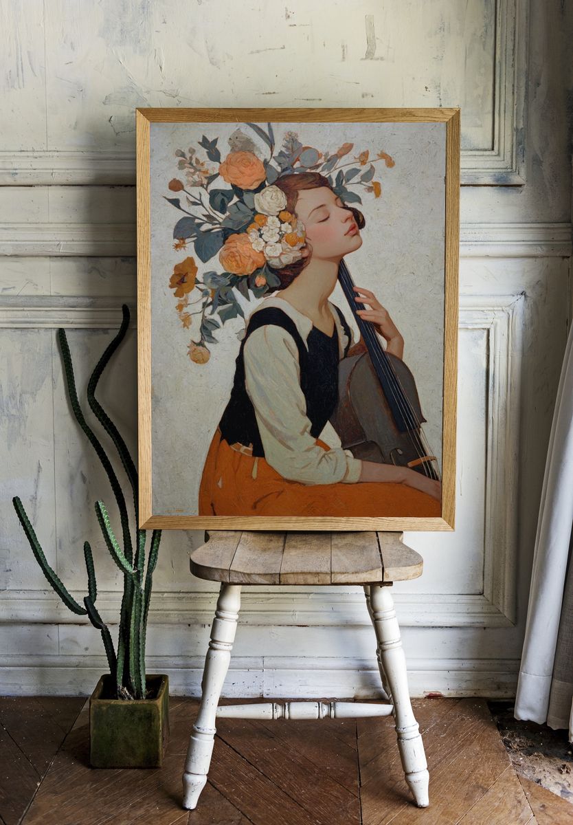 Serene Musician with Floral Crown — Fine Art Print room preview