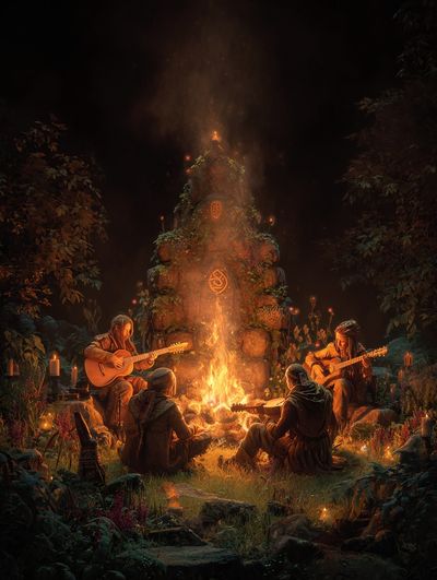 Campfire Gathering — Fantasy Art Print. poster