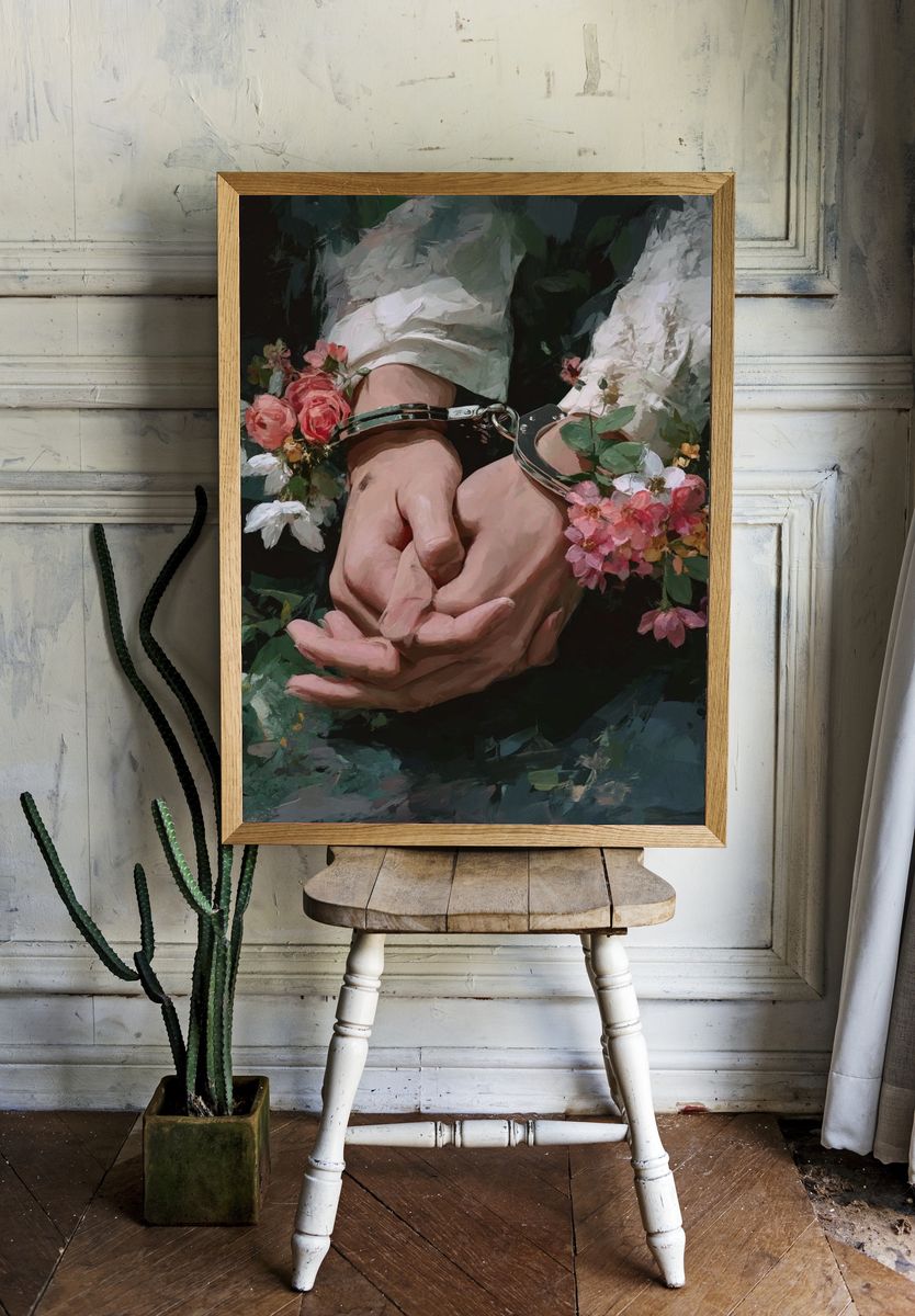 Hands in Handcuffs with Flowers — Fine Art Print. room preview