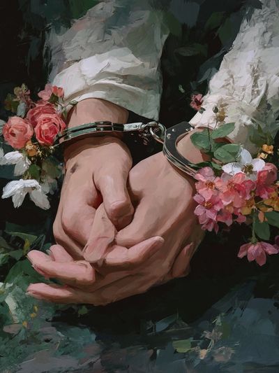 Hands in Handcuffs with Flowers — Fine Art Print. poster