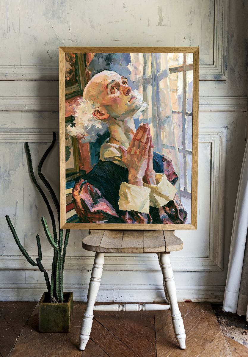 Praying Woman Oil Portrait Poster. — room view 1