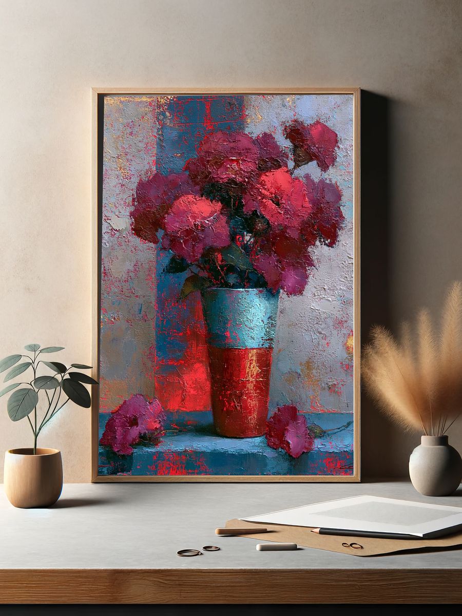 Pink Flowers Still Life Print. — room view 2