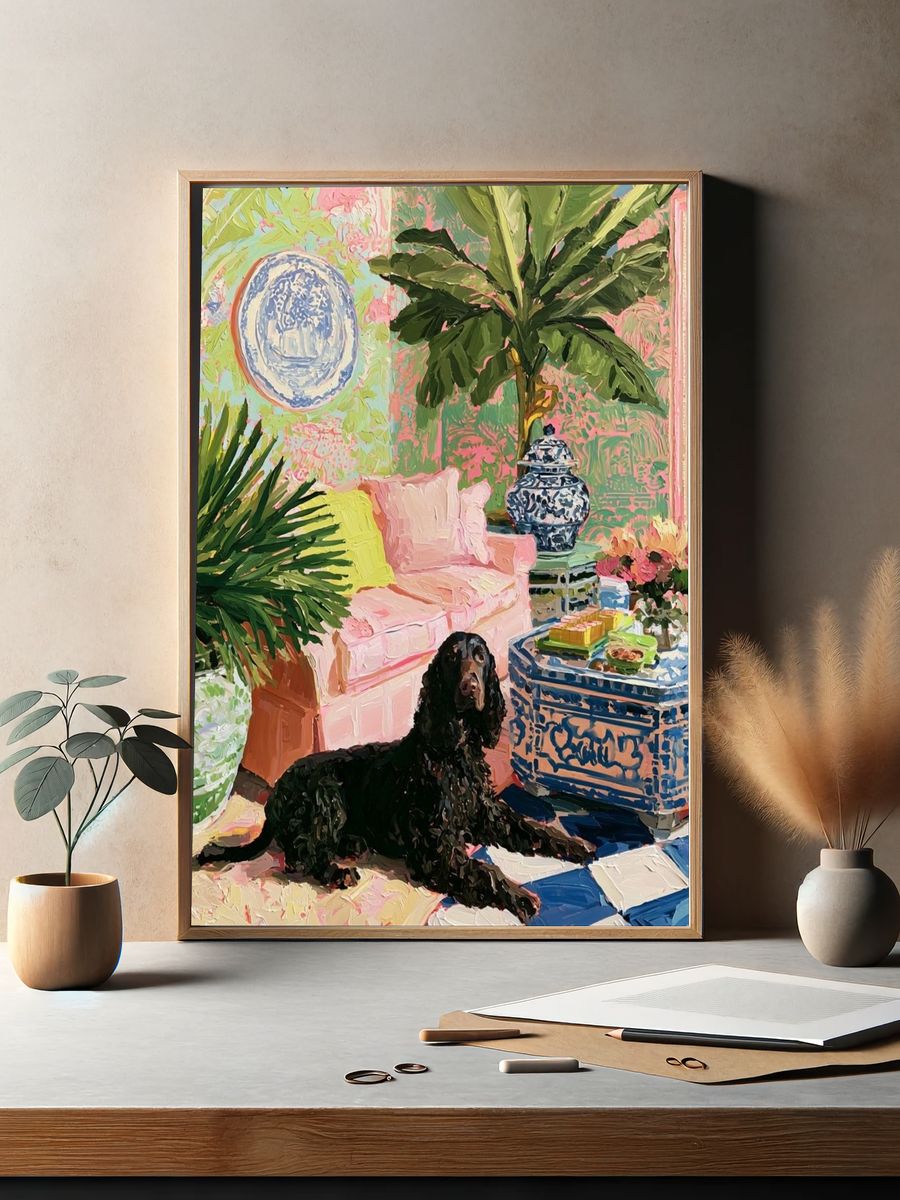 Tropical Living Room with Spaniel Poster. — room view 2