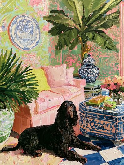 Tropical Living Room with Spaniel Poster. poster print