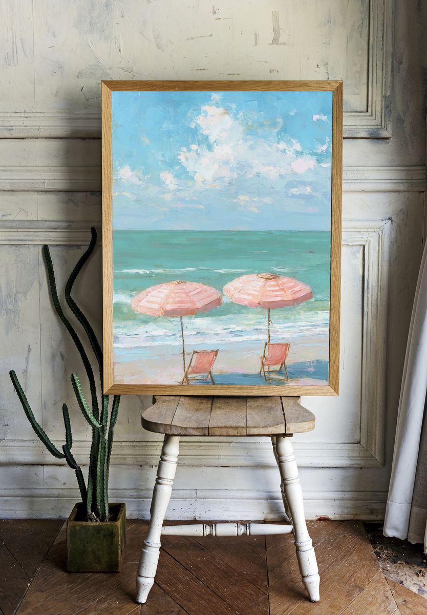 Pastel Beach Umbrellas Painting Poster. — room view 1