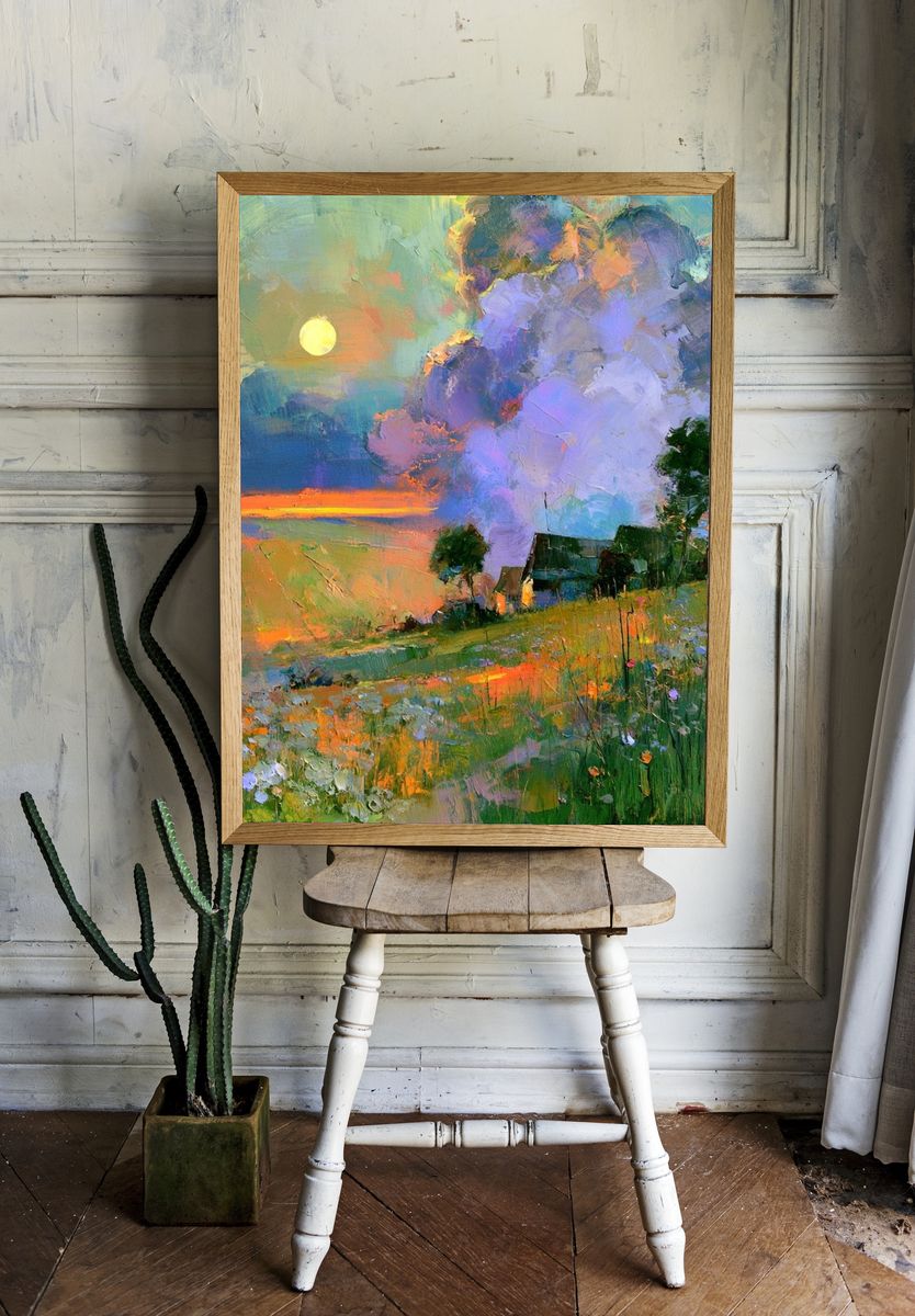 Sunset Meadow Landscape Print. room preview